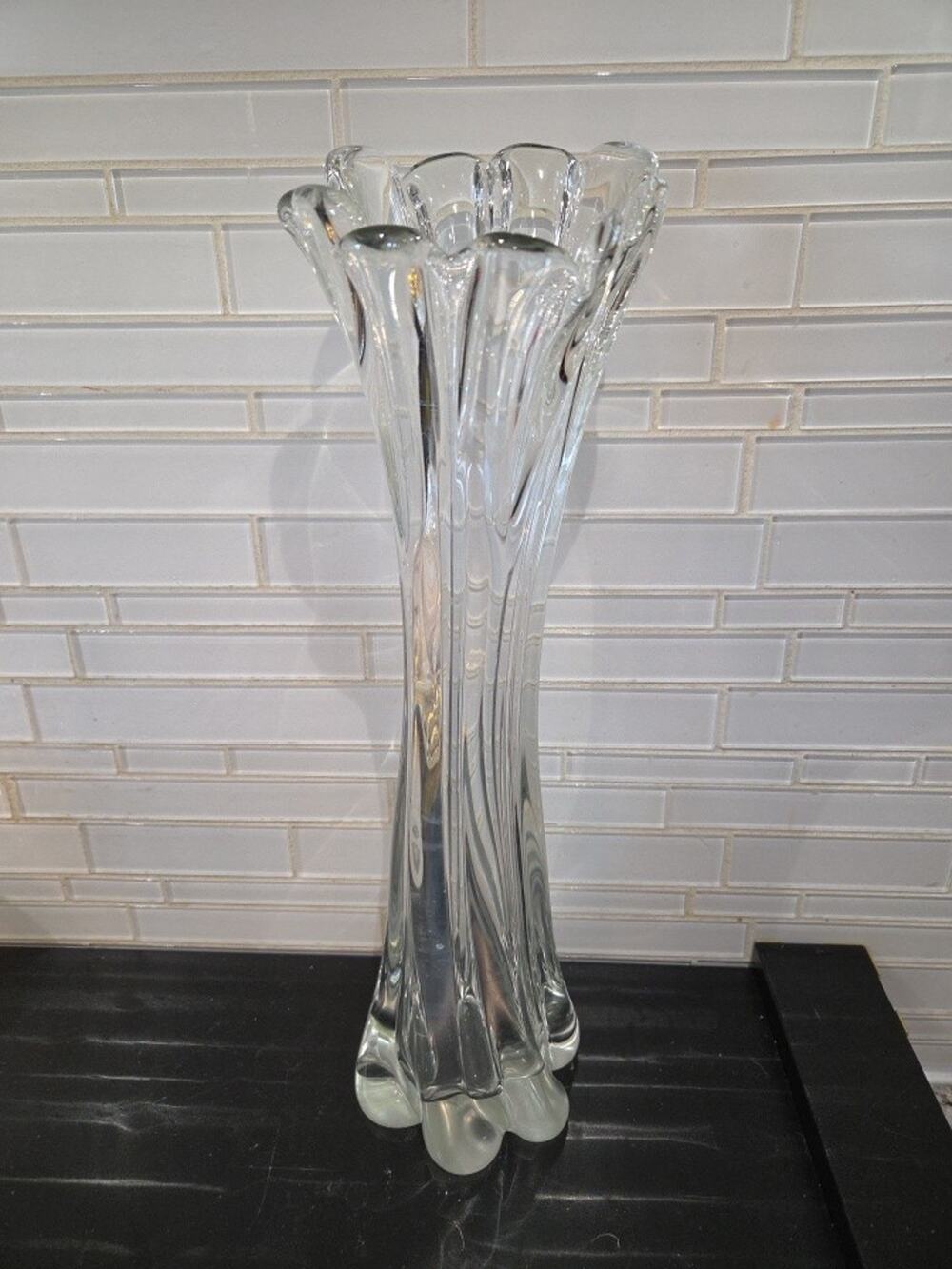 Vintage Mikasa 6 Finger Heavy Glass Vase 13.5" Tall